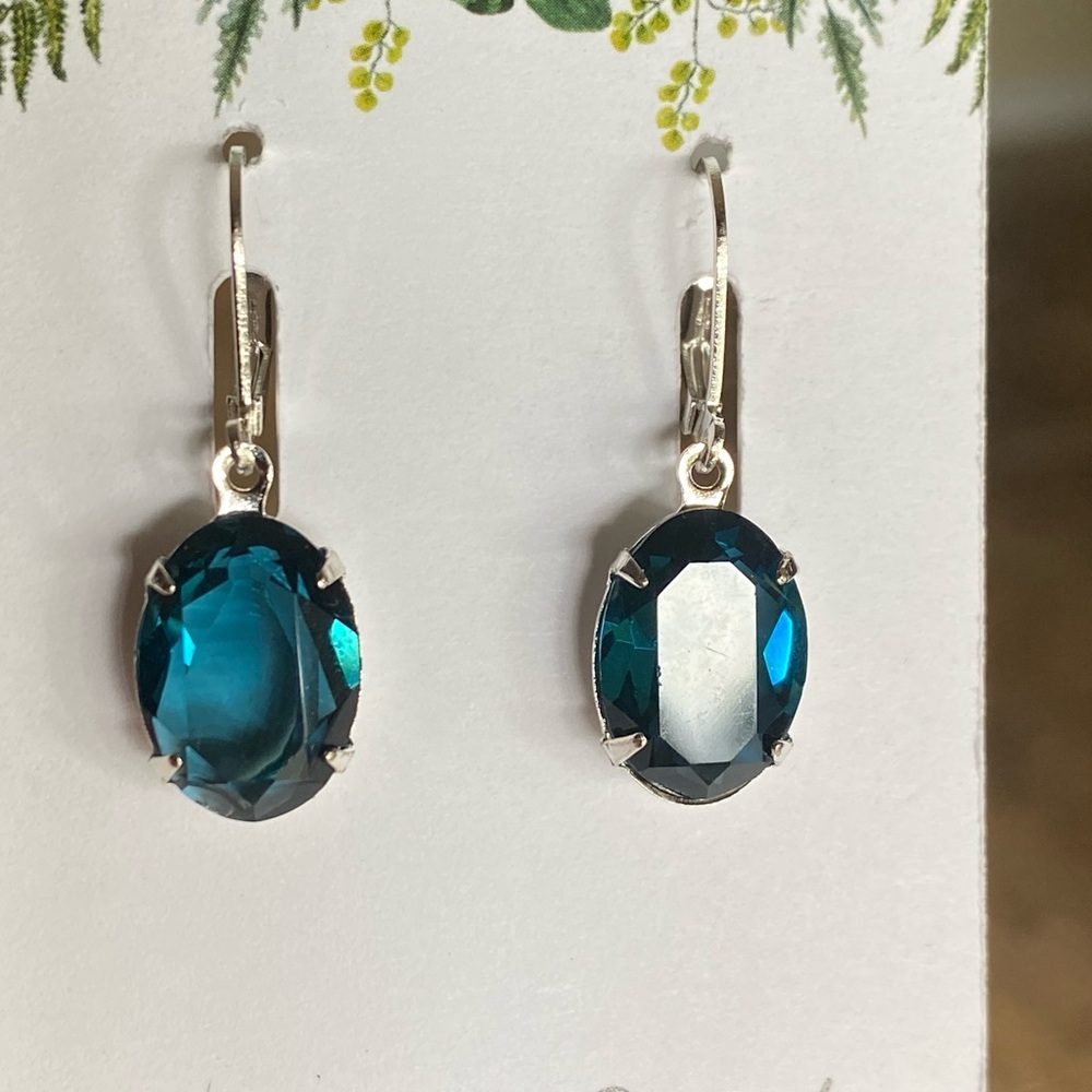 Teal Oval Crystal Drop Earrings - Silver-Tone Dangle